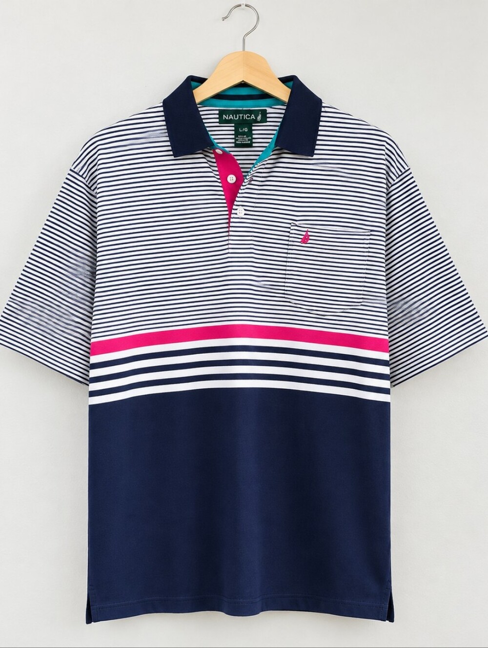 NWT Knight's Round Table Polo Stripe Sz M Golf Casual Navy/White/Pink